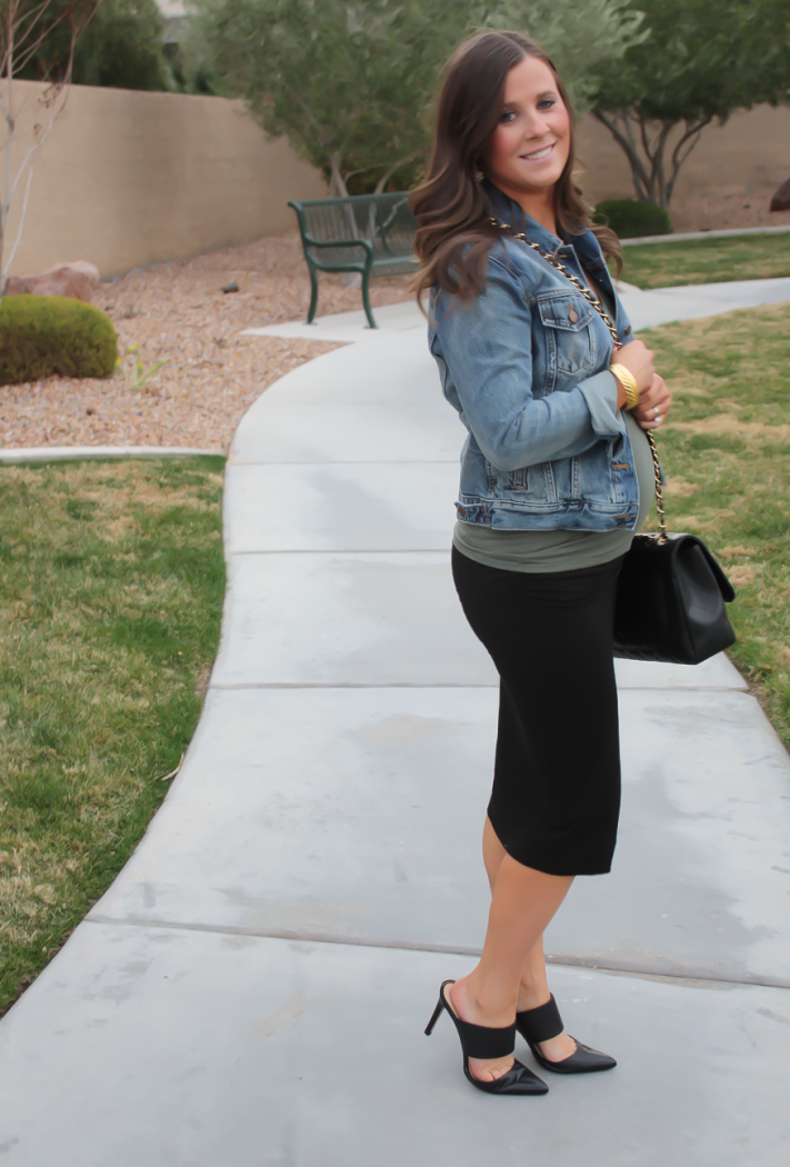 Toggery Brand Perfect Tee, Gap Denim Jacket, Banana Republic Midi Pencil Skirt,  Banana Republic Mules, Chanel Quilted Jumbo Flap 2