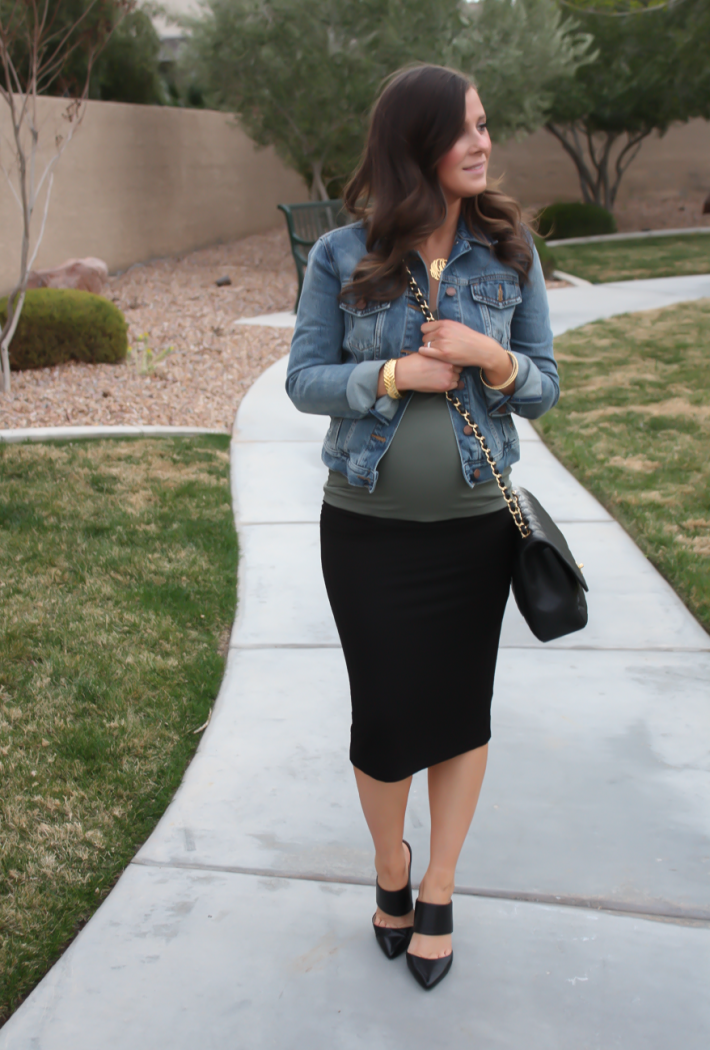 Toggery Brand Perfect Tee, Gap Denim Jacket, Banana Republic Midi Pencil Skirt,  Banana Republic Mules, Chanel Quilted Jumbo Flap 3