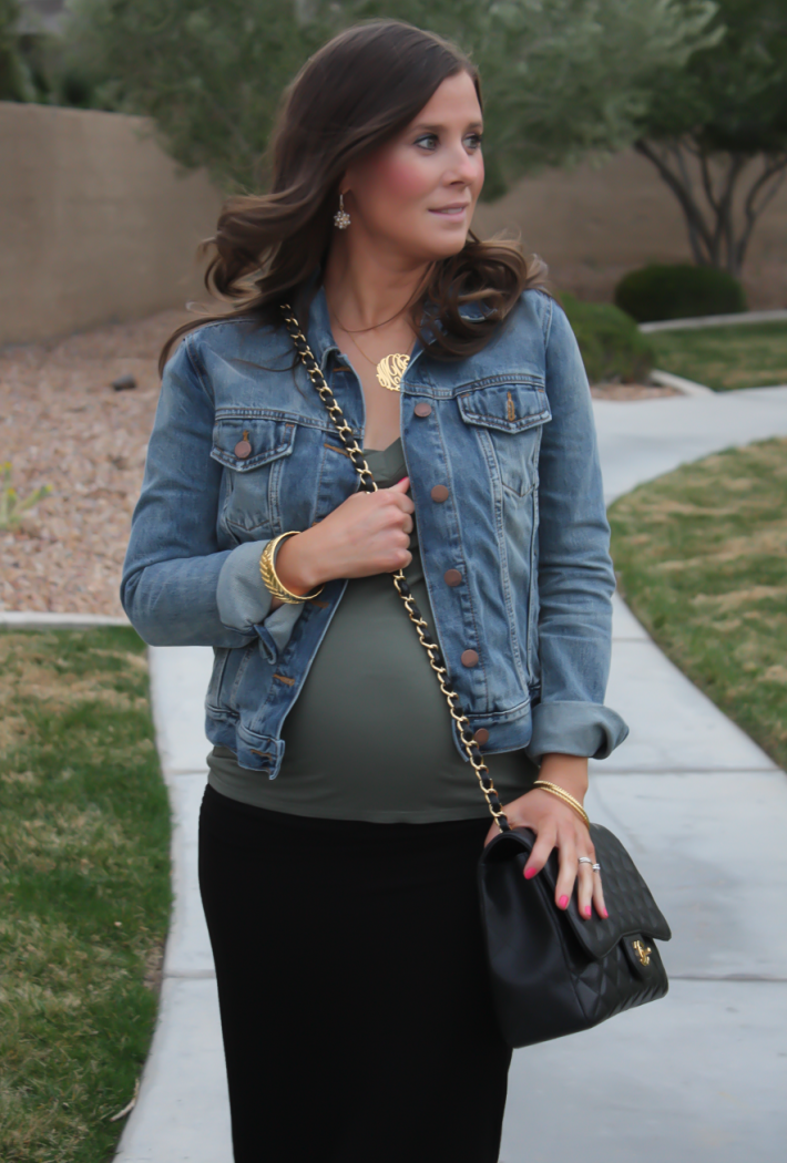 Toggery Brand Perfect Tee, Gap Denim Jacket, Banana Republic Midi Pencil Skirt,  Banana Republic Mules, Chanel Quilted Jumbo Flap 5