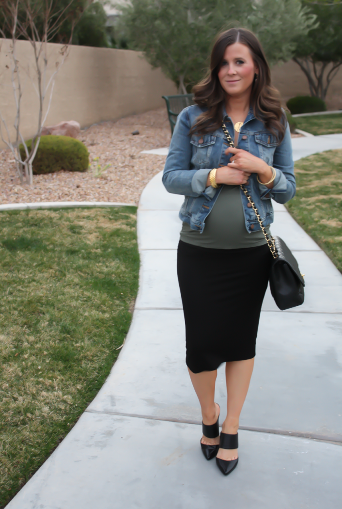 Toggery Brand Perfect Tee, Gap Denim Jacket, Banana Republic Midi Pencil Skirt,  Banana Republic Mules, Chanel Quilted Jumbo Flap