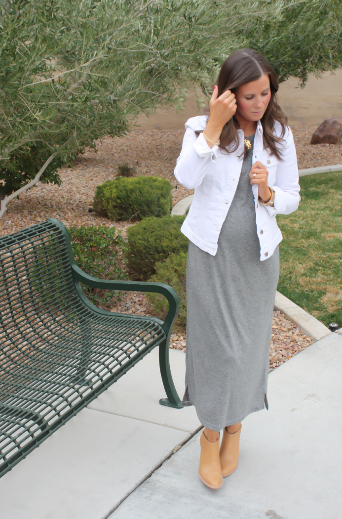 Toggery Grey Muscle Tee Dress, White Denim Jacket, Tan Mules, Toggery Brand, Gap, Dolce Vita