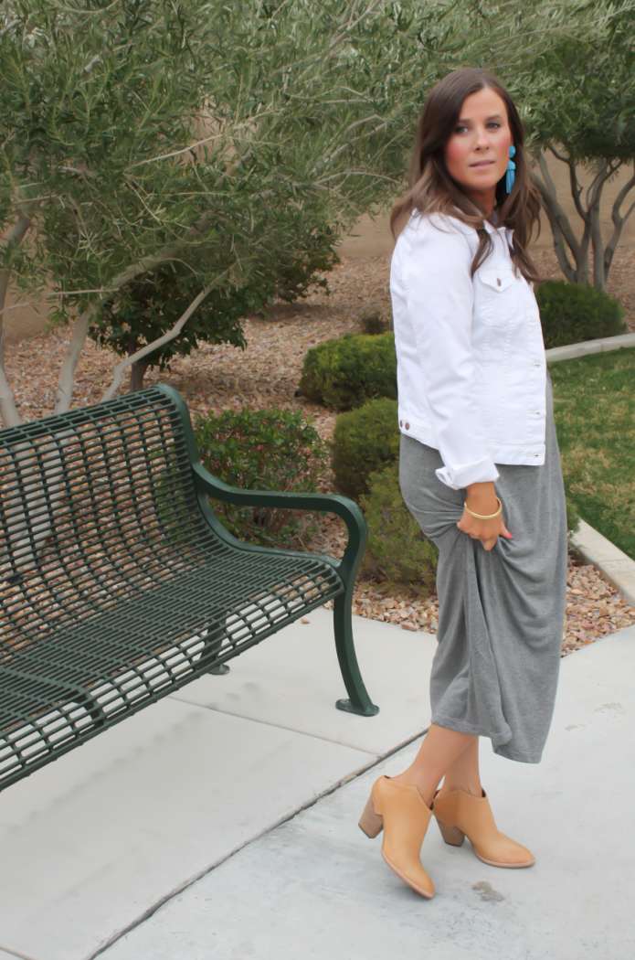 Toggery Grey Muscle Tee Dress, White Denim Jacket, Tan Mules, Toggery Brand, Gap, Dolce Vita  7