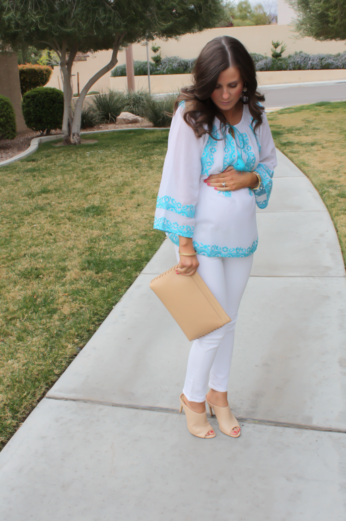 Turquoise and White Embroidered Blouse, White Ankle Skinny Jeans, Tan Mules, Tan Clutch, Revolve Clothing, J Brand, Ann Taylor, J.Crew 11