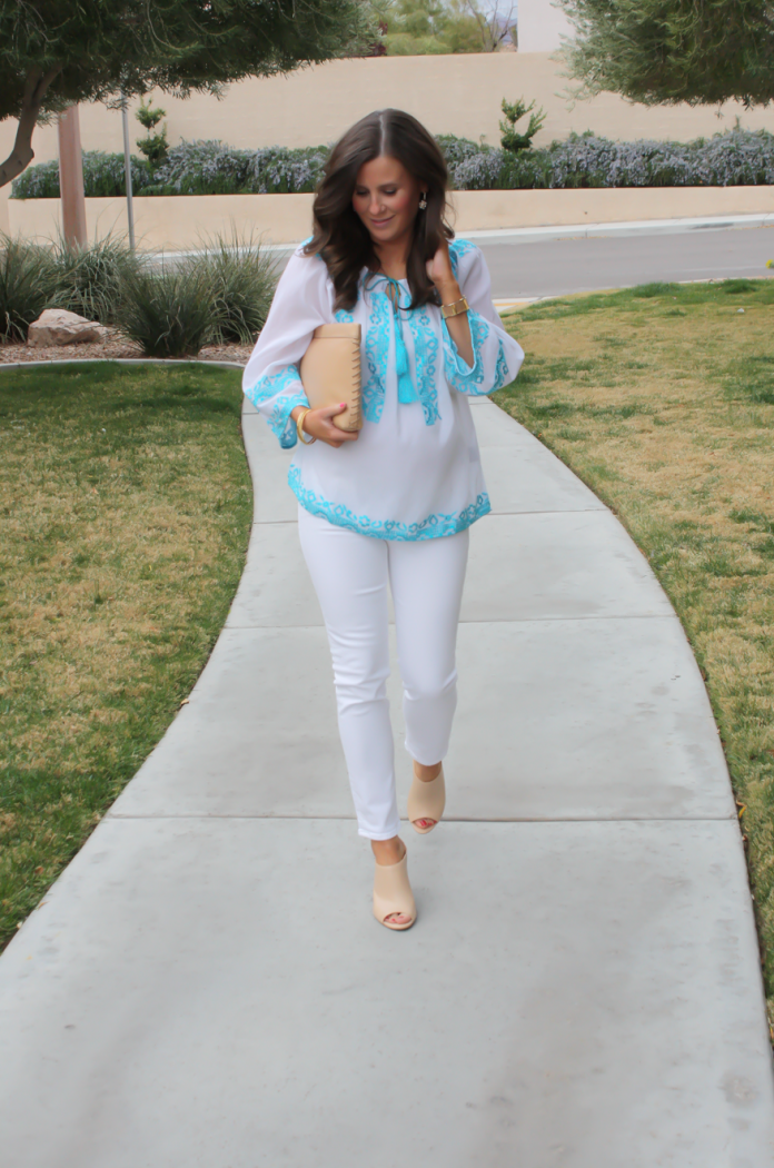 Turquoise and White Embroidered Blouse, White Ankle Skinny Jeans, Tan Mules, Tan Clutch, Revolve Clothing, J Brand, Ann Taylor, J.Crew 13