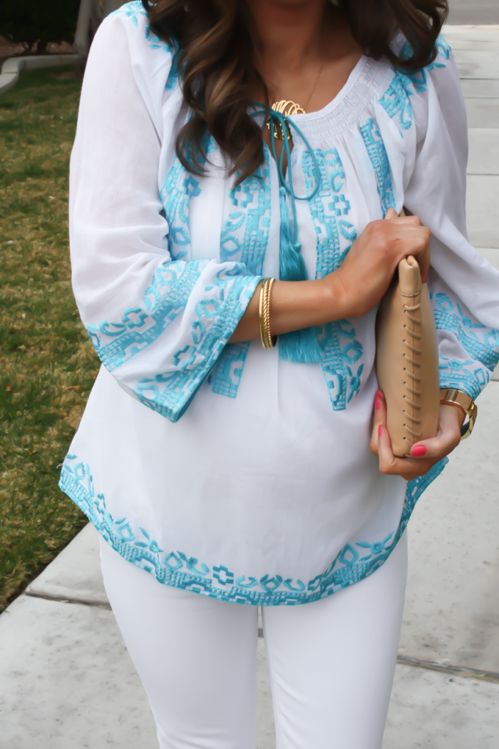 Turquoise and White Embroidered Blouse, White Ankle Skinny Jeans, Tan Mules, Tan Clutch, Revolve Clothing, J Brand, Ann Taylor, J.Crew 19