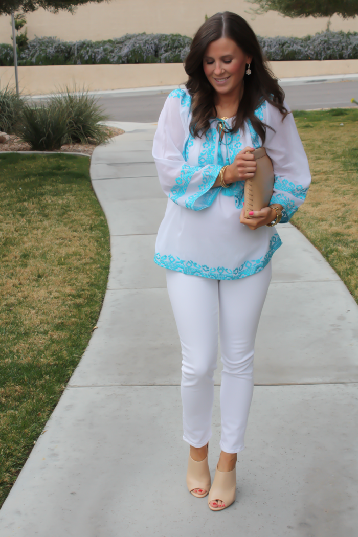 Turquoise and White Embroidered Blouse, White Ankle Skinny Jeans, Tan Mules, Tan Clutch, Revolve Clothing, J Brand, Ann Taylor, J.Crew 2