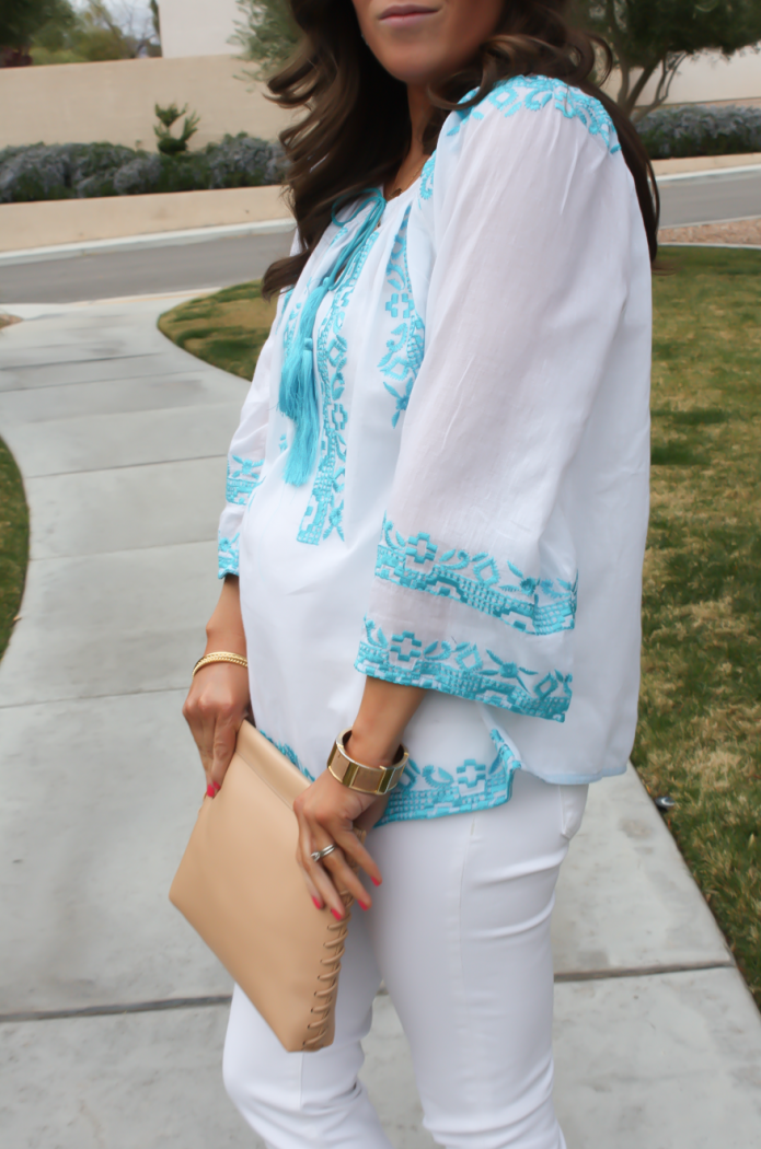 Turquoise and White Embroidered Blouse, White Ankle Skinny Jeans, Tan Mules, Tan Clutch, Revolve Clothing, J Brand, Ann Taylor, J.Crew 21