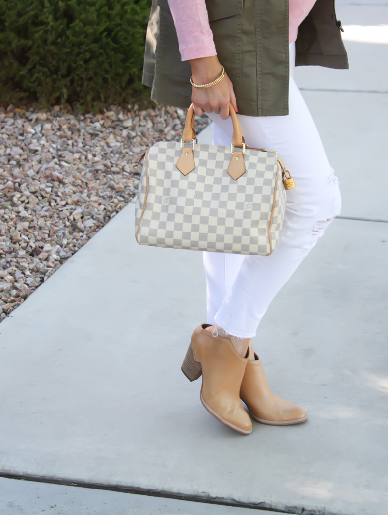 Army Green Vest, Heathered Pink Three Quarter Tee, White Distressed Skinny Jeans, Tan Mules, Monogram Tote, Banana Republic, J.Crew, J Brand, Louis Vuitton 2