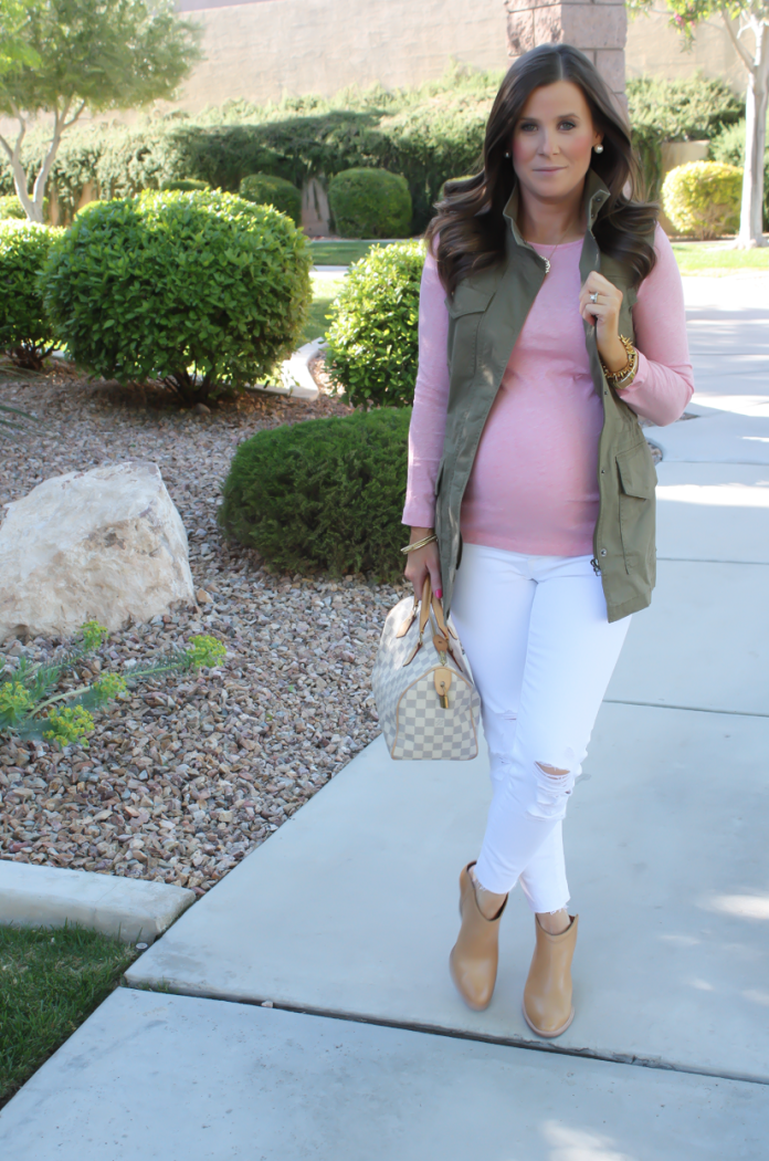 Army Green Vest, Heathered Pink Three Quarter Tee, White Distressed Skinny Jeans, Tan Mules, Monogram Tote, Banana Republic, J.Crew, J Brand, Louis Vuitton 4