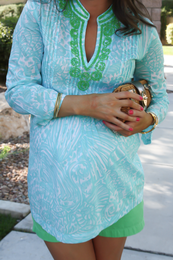 Blue and Green Tunic Blouse, Green Cotton Shorts, Tan Leather Wedges, Basket Clutch, Lilly Pulitzer, J.Crew, Seychelles, Kate Spade 26