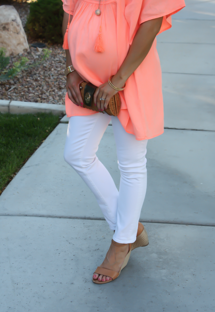 Coral Linen Tunic, White Skinny Jeans, Tan Wedge Sandals, Basket Clutch, J.Crew, J Brand, Seychelles, Kate Spade 10