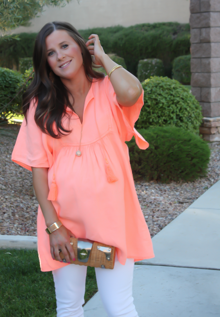 Coral Linen Tunic, White Skinny Jeans, Tan Wedge Sandals, Basket Clutch, J.Crew, J Brand, Seychelles, Kate Spade 12