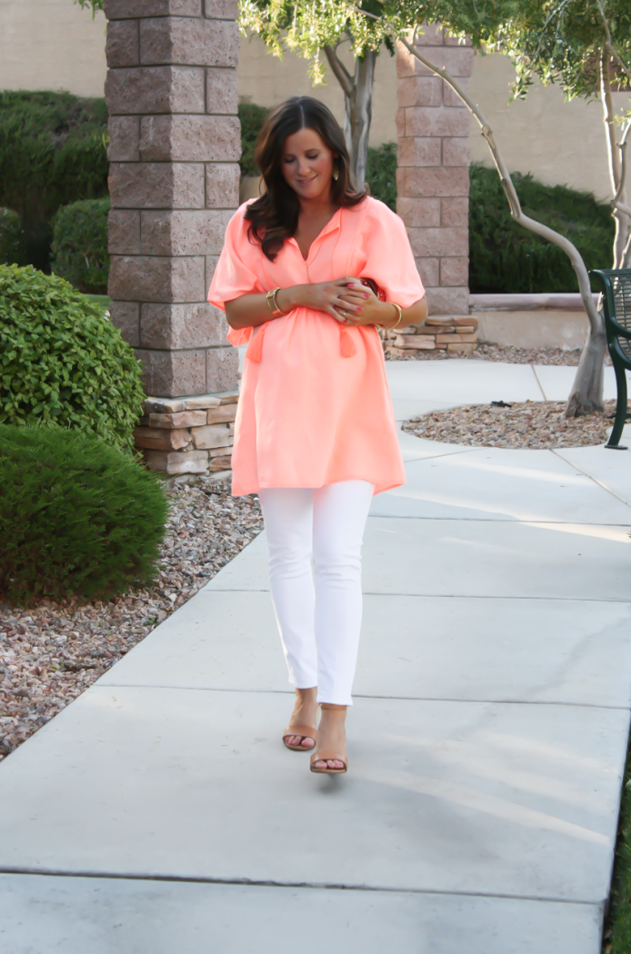 Coral Linen Tunic, White Skinny Jeans, Tan Wedge Sandals, Basket Clutch, J.Crew, J Brand, Seychelles, Kate Spade 13