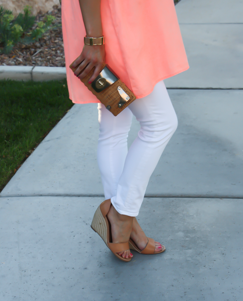 Coral Linen Tunic, White Skinny Jeans, Tan Wedge Sandals, Basket Clutch, J.Crew, J Brand, Seychelles, Kate Spade 16