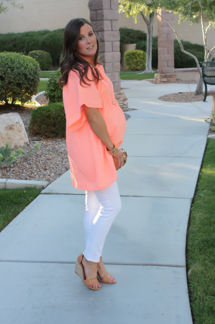 Coral Linen Tunic, White Skinny Jeans, Tan Wedge Sandals, Basket Clutch, J.Crew, J Brand, Seychelles, Kate Spade 3