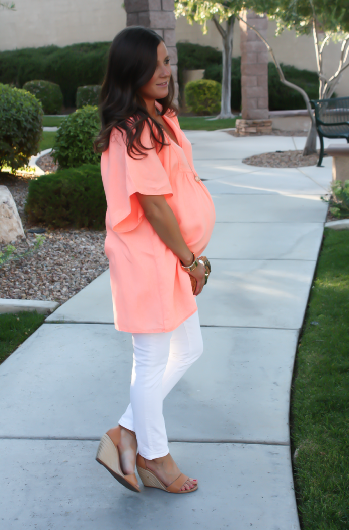 Coral Linen Tunic, White Skinny Jeans, Tan Wedge Sandals, Basket Clutch, J.Crew, J Brand, Seychelles, Kate Spade 4