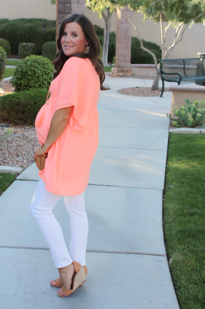 Coral Linen Tunic, White Skinny Jeans, Tan Wedge Sandals, Basket Clutch, J.Crew, J Brand, Seychelles, Kate Spade 7