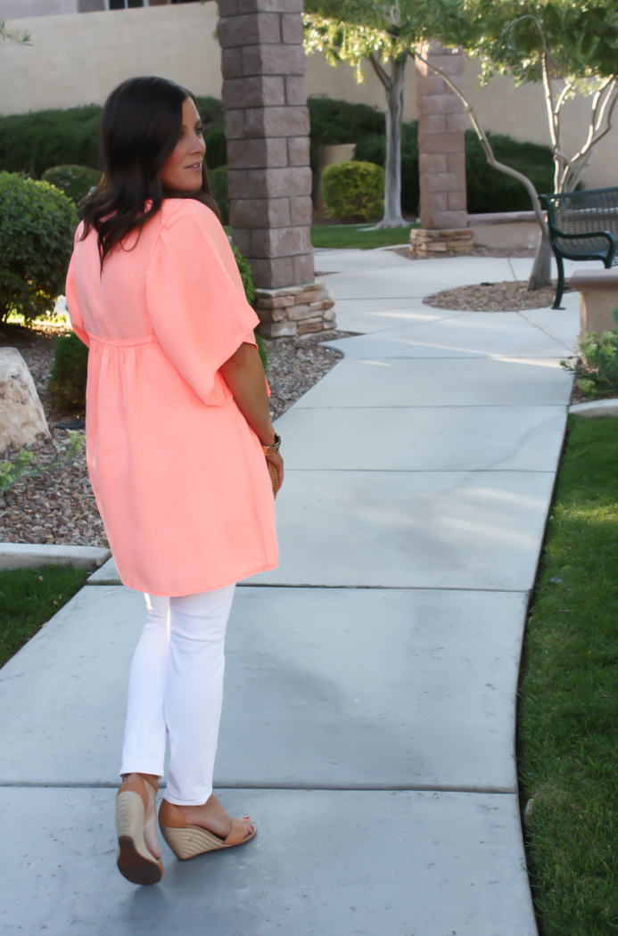 Coral Linen Tunic, White Skinny Jeans, Tan Wedge Sandals, Basket Clutch, J.Crew, J Brand, Seychelles, Kate Spade 8