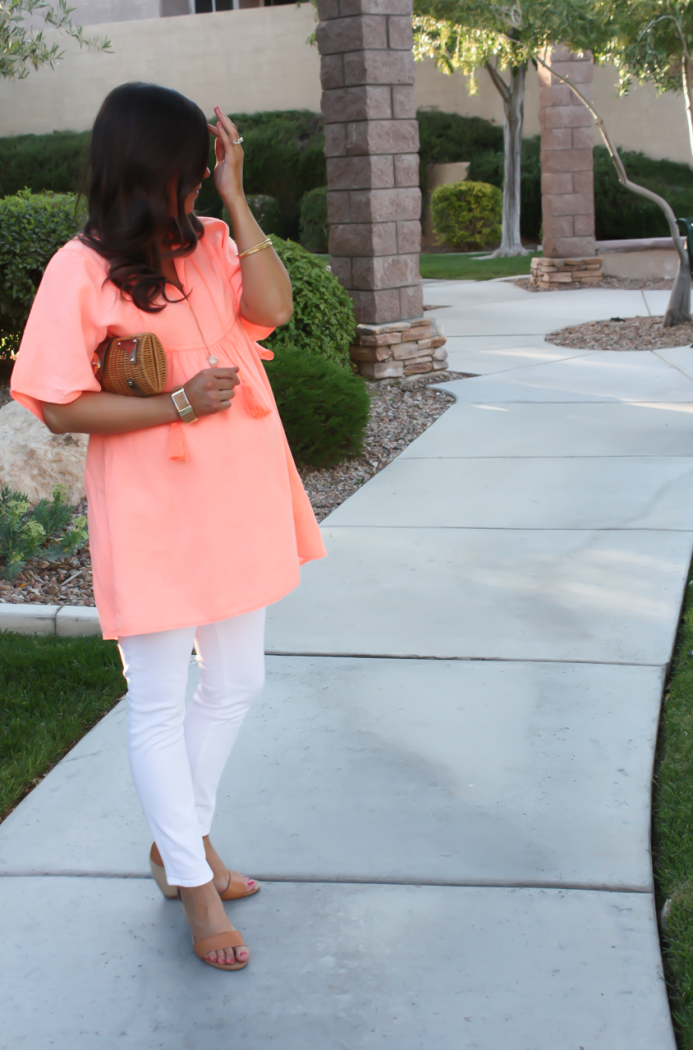 Coral Linen Tunic, White Skinny Jeans, Tan Wedge Sandals, Basket Clutch, J.Crew, J Brand, Seychelles, Kate Spade 9