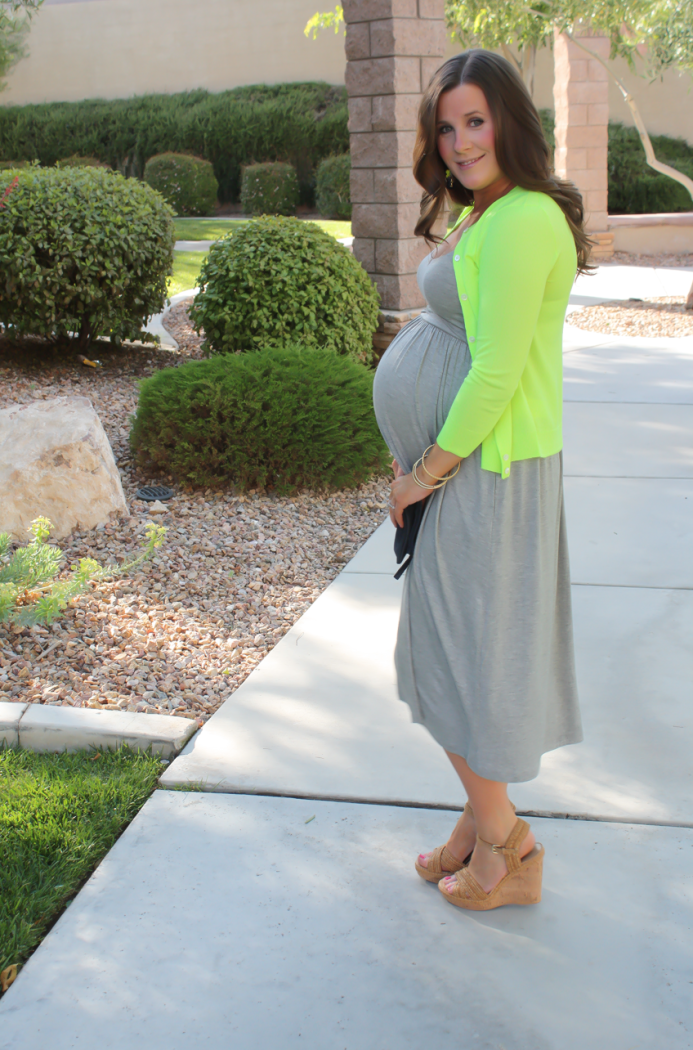 Grey Midi Dress, Neon Green Cashmere Cardi, Tan Raffia Wedges, Navy and Neon Green Statement Earrings, Navy Foldover Clutch, Loft, J.Crew, Stuart Weitzman, Clare V 11