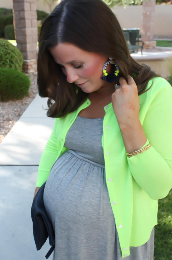 Grey Midi Dress, Neon Green Cashmere Cardi, Tan Raffia Wedges, Navy and Neon Green Statement Earrings, Navy Foldover Clutch, Loft, J.Crew, Stuart Weitzman, Clare V 14