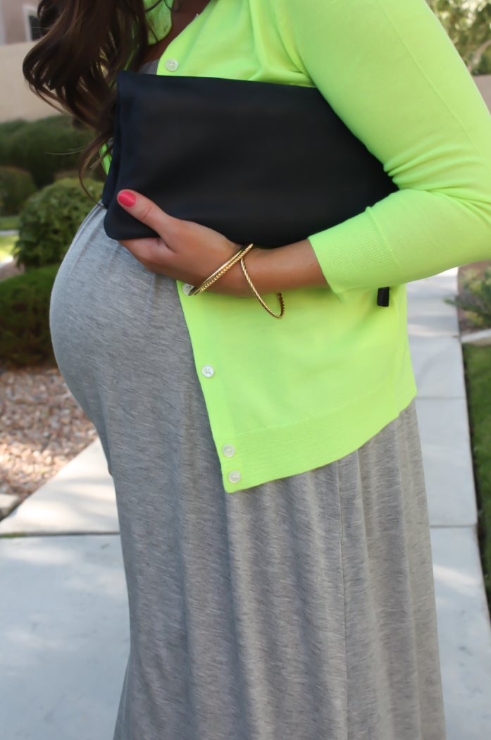 Grey Midi Dress, Neon Green Cashmere Cardi, Tan Raffia Wedges, Navy and Neon Green Statement Earrings, Navy Foldover Clutch, Loft, J.Crew, Stuart Weitzman, Clare V 16