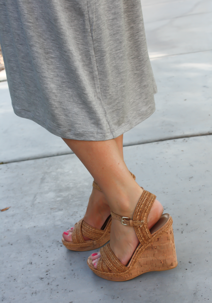 Grey Midi Dress, Neon Green Cashmere Cardi, Tan Raffia Wedges, Navy and Neon Green Statement Earrings, Navy Foldover Clutch, Loft, J.Crew, Stuart Weitzman, Clare V 18