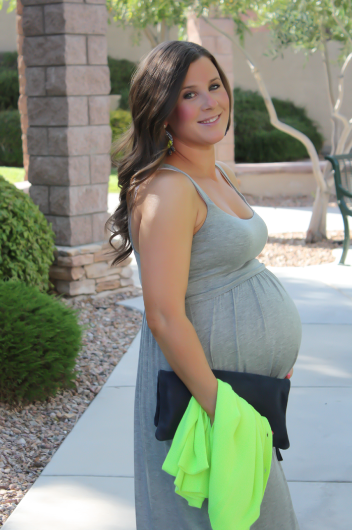 Grey Midi Dress, Neon Green Cashmere Cardi, Tan Raffia Wedges, Navy and Neon Green Statement Earrings, Navy Foldover Clutch, Loft, J.Crew, Stuart Weitzman, Clare V 2