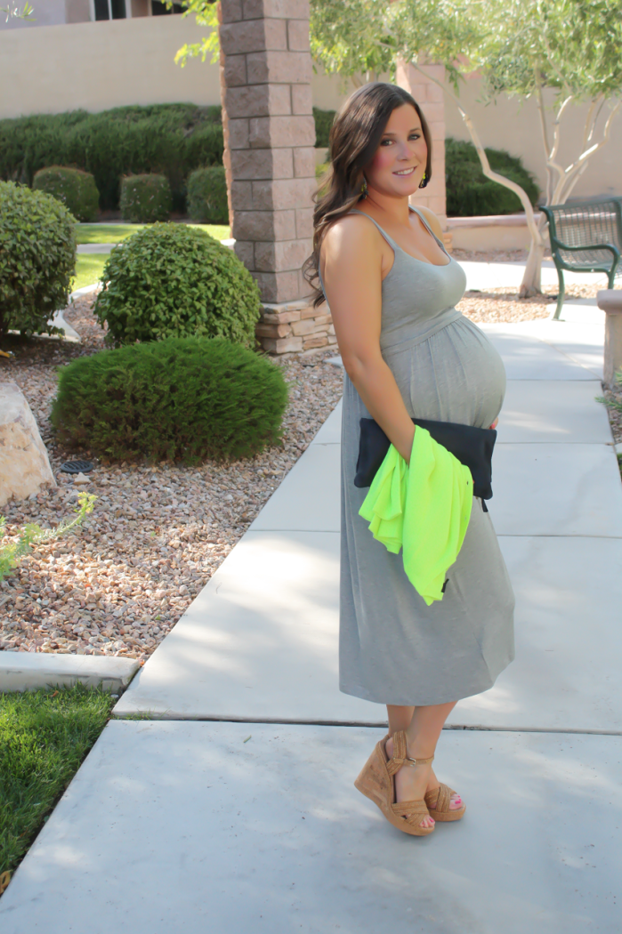 Grey Midi Dress, Neon Green Cashmere Cardi, Tan Raffia Wedges, Navy and Neon Green Statement Earrings, Navy Foldover Clutch, Loft, J.Crew, Stuart Weitzman, Clare V 3