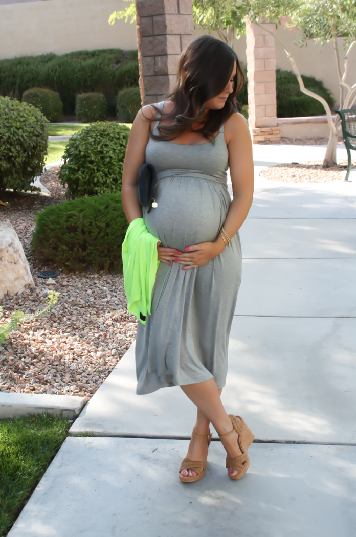 Grey Midi Dress, Neon Green Cashmere Cardi, Tan Raffia Wedges, Navy and Neon Green Statement Earrings, Navy Foldover Clutch, Loft, J.Crew, Stuart Weitzman, Clare V 6