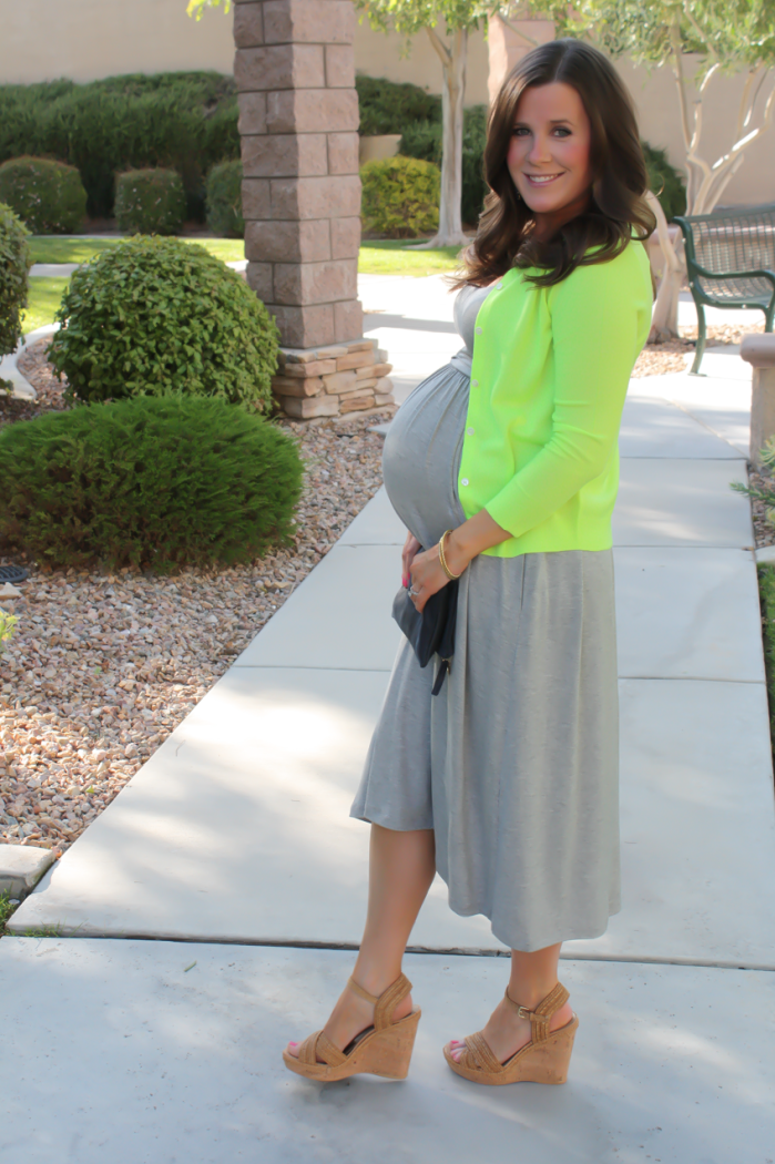 Grey Midi Dress, Neon Green Cashmere Cardi, Tan Raffia Wedges, Navy and Neon Green Statement Earrings, Navy Foldover Clutch, Loft, J.Crew, Stuart Weitzman, Clare V 9