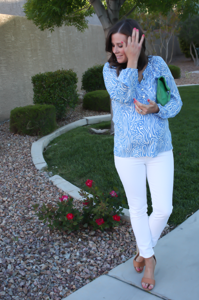 Light Blue Print Silk Blouse, White Skinny Ankle Jeans, Leather Tan Wedge Sandal, Green Leather Foldover Clutch, Lilly Pulitzer, J Brand, Seychelles, Clare V 4