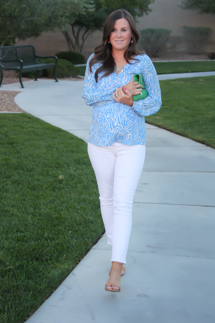Light Blue Print Silk Blouse, White Skinny Ankle Jeans, Leather Tan Wedge Sandal, Green Leather Foldover Clutch, Lilly Pulitzer, J Brand, Seychelles, Clare V 5