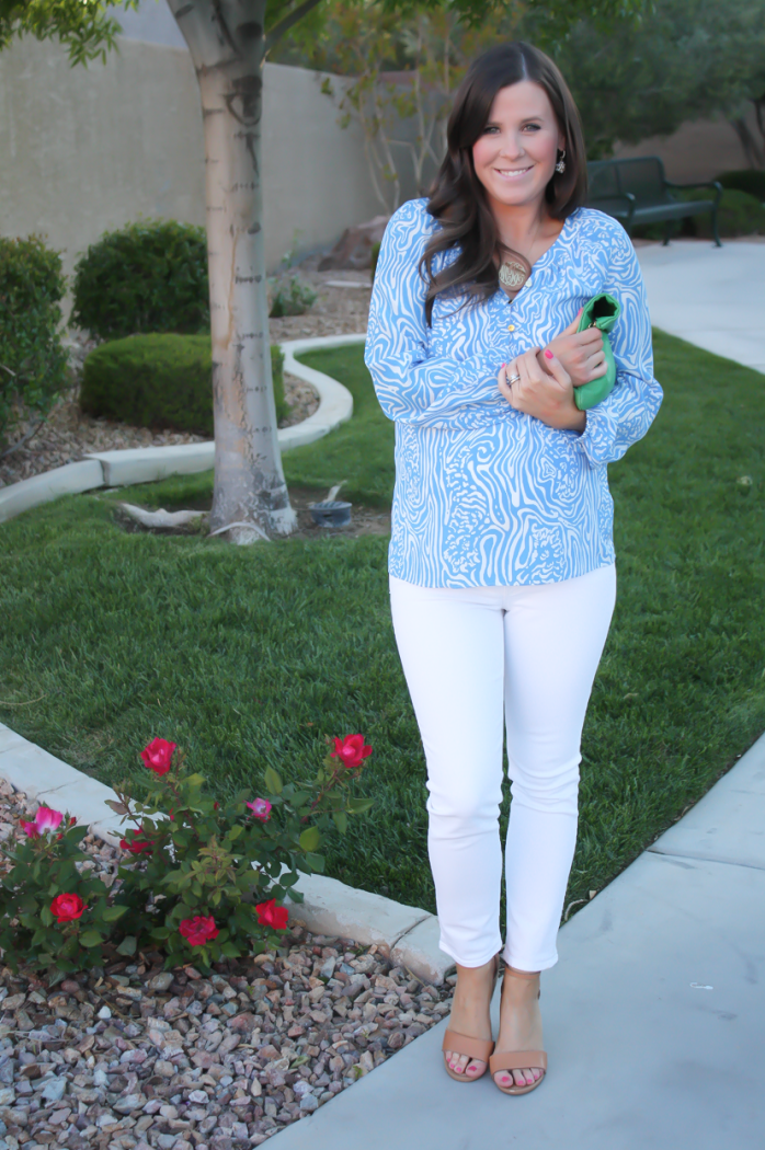 Light Blue Print Silk Blouse, White Skinny Ankle Jeans, Leather Tan Wedge Sandal, Green Leather Foldover Clutch, Lilly Pulitzer, J Brand, Seychelles, Clare V 6