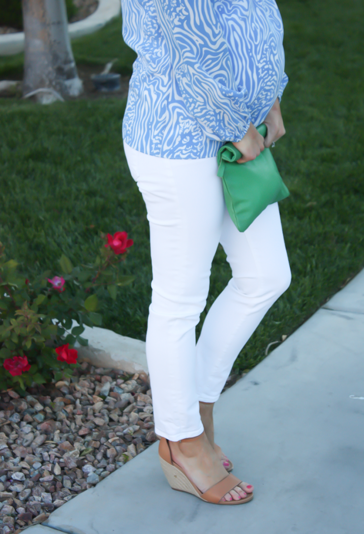 Light Blue Print Silk Blouse, White Skinny Ankle Jeans, Leather Tan Wedge Sandal, Green Leather Foldover Clutch, Lilly Pulitzer, J Brand, Seychelles, Clare V 7