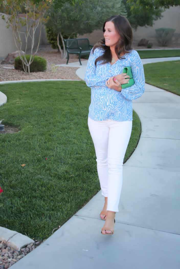 Light Blue Print Silk Blouse, White Skinny Ankle Jeans, Leather Tan Wedge Sandal, Green Leather Foldover Clutch, Lilly Pulitzer, J Brand, Seychelles, Clare V 8