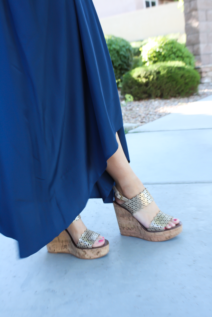 Navy Maxi Dress, Light Wash Denim Jacket, Platinum Wedge Sandals, Navy Leather Foldover Clutch, Pink Stitch, Shopbop, J.Crew, Tory Burch, Clare V 19