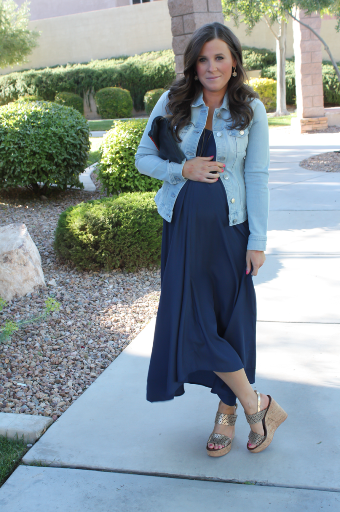 Navy Maxi Dress, Light Wash Denim Jacket, Platinum Wedge Sandals, Navy Leather Foldover Clutch, Pink Stitch, Shopbop, J.Crew, Tory Burch, Clare V 21