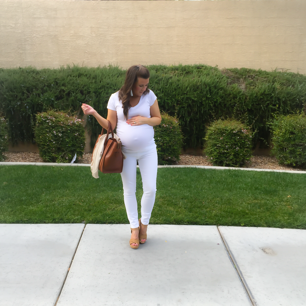 Nordstrom Minimalist Style, White Tee, White Skinny Jeans, Tan Sandals, Cognac Tote, Beige Sweater, Nordstrom