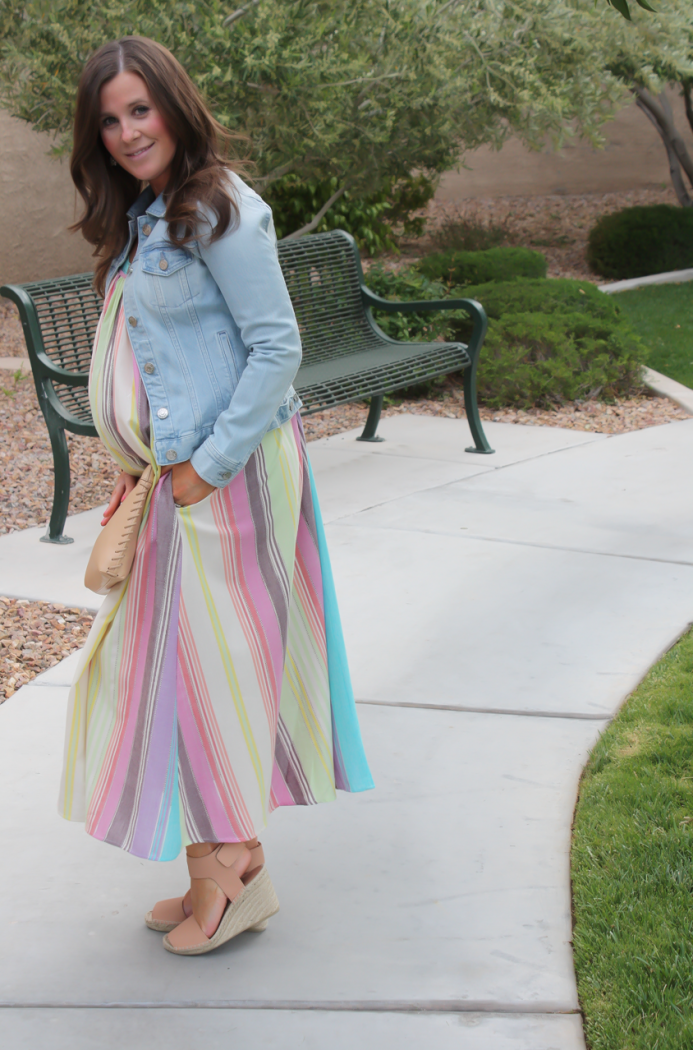 Striped Linen Dress, Light Wash Denim Jacket, Tan Espadrilles, Tan Clutch, Mara Hoffman, Vince, J.Crew 22