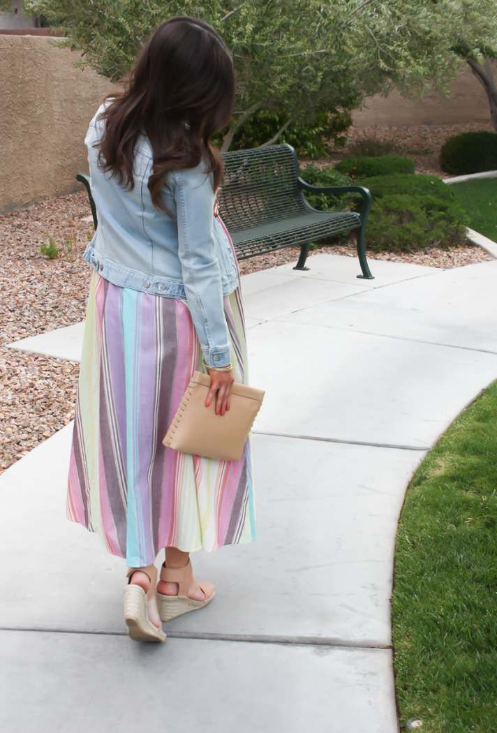 Striped Linen Dress, Light Wash Denim Jacket, Tan Espadrilles, Tan Clutch, Mara Hoffman, Vince, J.Crew 3