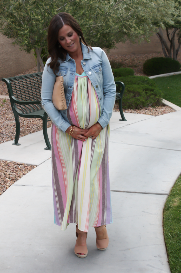 Striped Linen Dress, Light Wash Denim Jacket, Tan Espadrilles, Tan Clutch, Mara Hoffman, Vince, J.Crew 7