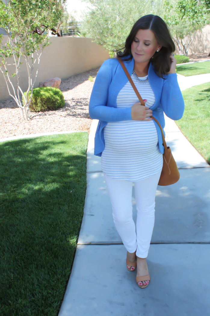 Aqua Blue Open Cardigan, Blue and White Striped Tank, Whit Skinny Jeans, Tan Wedge Sandals, Tan Bucket Bag, Blue Statement Necklace, Lilly Pulitzer, Old Navy, J.Crew, Seychelles, Baggu, Stella and Dot 13