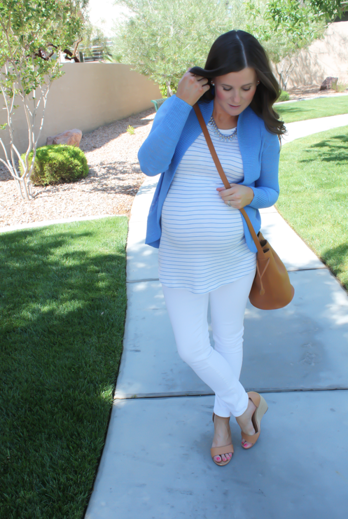 Aqua Blue Open Cardigan, Blue and White Striped Tank, Whit Skinny Jeans, Tan Wedge Sandals, Tan Bucket Bag, Blue Statement Necklace, Lilly Pulitzer, Old Navy, J.Crew, Seychelles, Baggu, Stella and Dot 17