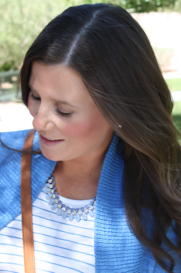 Aqua Blue Open Cardigan, Blue and White Striped Tank, Whit Skinny Jeans, Tan Wedge Sandals, Tan Bucket Bag, Blue Statement Necklace, Lilly Pulitzer, Old Navy, J.Crew, Seychelles, Baggu, Stella and Dot 19