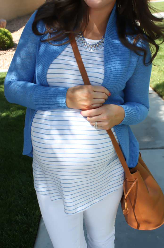 Aqua Blue Open Cardigan, Blue and White Striped Tank, Whit Skinny Jeans, Tan Wedge Sandals, Tan Bucket Bag, Blue Statement Necklace, Lilly Pulitzer, Old Navy, J.Crew, Seychelles, Baggu, Stella and Dot 21