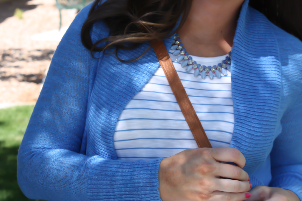 Aqua Blue Open Cardigan, Blue and White Striped Tank, Whit Skinny Jeans, Tan Wedge Sandals, Tan Bucket Bag, Blue Statement Necklace, Lilly Pulitzer, Old Navy, J.Crew, Seychelles, Baggu, Stella and Dot 22