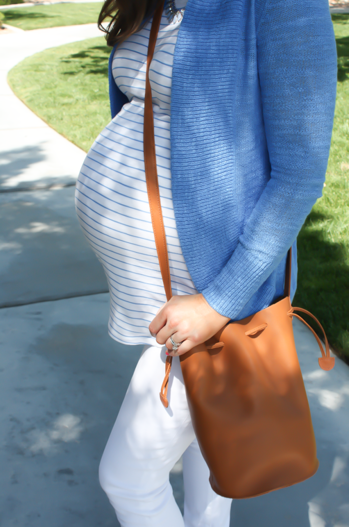 Aqua Blue Open Cardigan, Blue and White Striped Tank, Whit Skinny Jeans, Tan Wedge Sandals, Tan Bucket Bag, Blue Statement Necklace, Lilly Pulitzer, Old Navy, J.Crew, Seychelles, Baggu, Stella and Dot 25