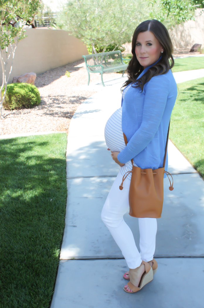 Aqua Blue Open Cardigan, Blue and White Striped Tank, Whit Skinny Jeans, Tan Wedge Sandals, Tan Bucket Bag, Blue Statement Necklace, Lilly Pulitzer, Old Navy, J.Crew, Seychelles, Baggu, Stella and Dot 3