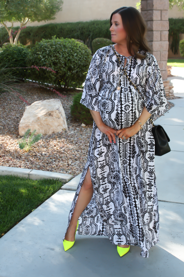 Black and White Printed Caftan, Patent Neon Yellow Heels, Black Chain Strap Quilted Crossbody, Rose Gold Stone Bracelet, Rachel Zoe, A Pea in the Pod, Kate Spade, Chanel, Stella and Dot 12